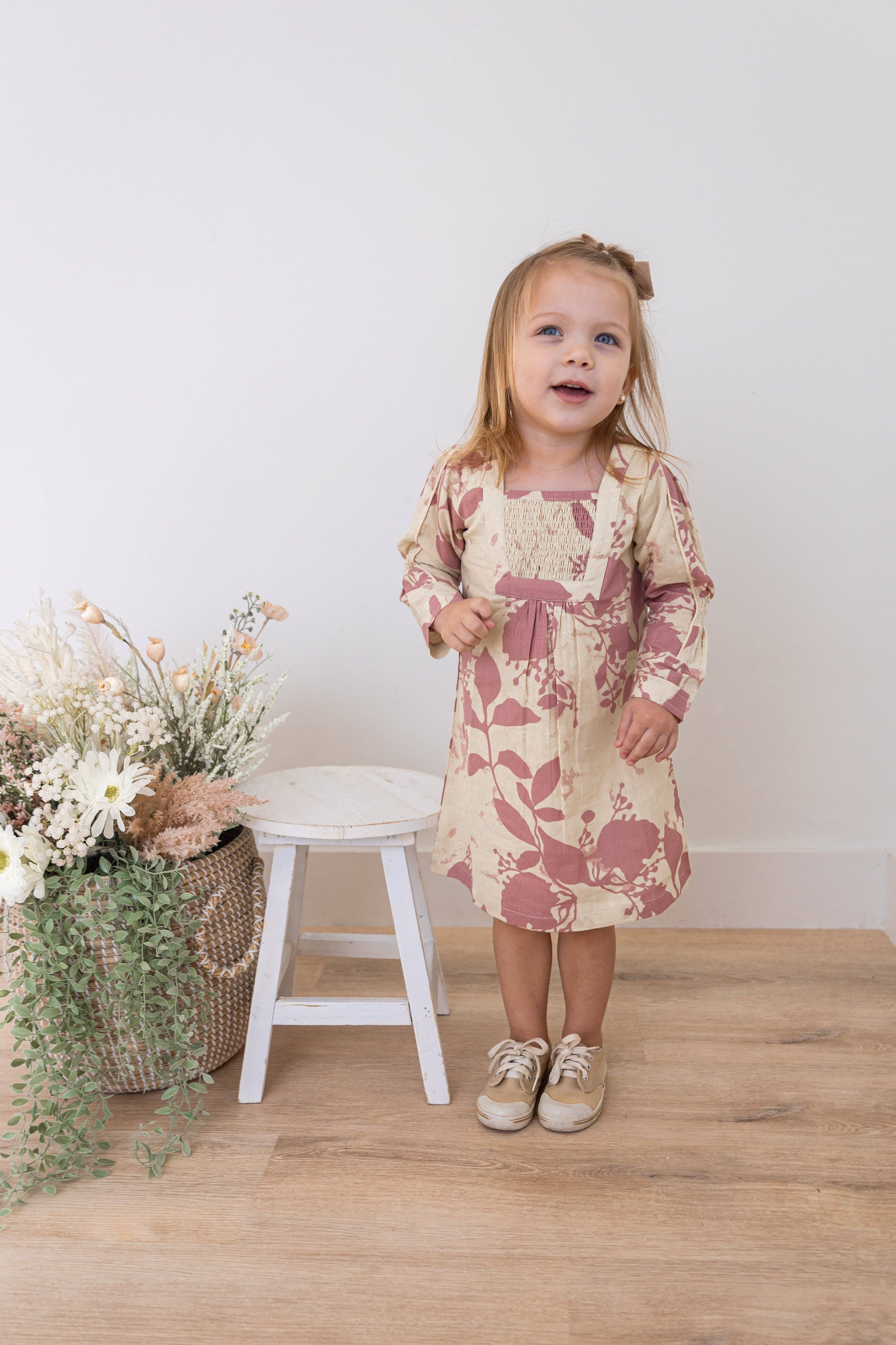 Yo Baby – Vestido - Crianças por atacado – Vestido Comprido com Estampado Floral Rosa Escuro e Mangas Compridas Franzidas5