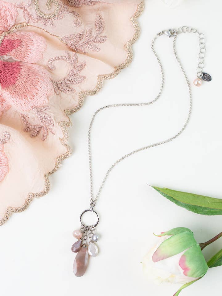 Blush 15.5-17.5" Freshwater Pearl, Moonstone Cluster Necklaces for wholesale by Anne Vaughan Designs Jewelry