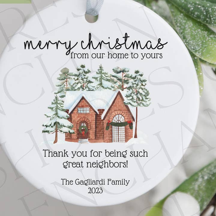 Custom Christmas Neighbor Keepsake Ornament for wholesale by Enchanted Shores Co