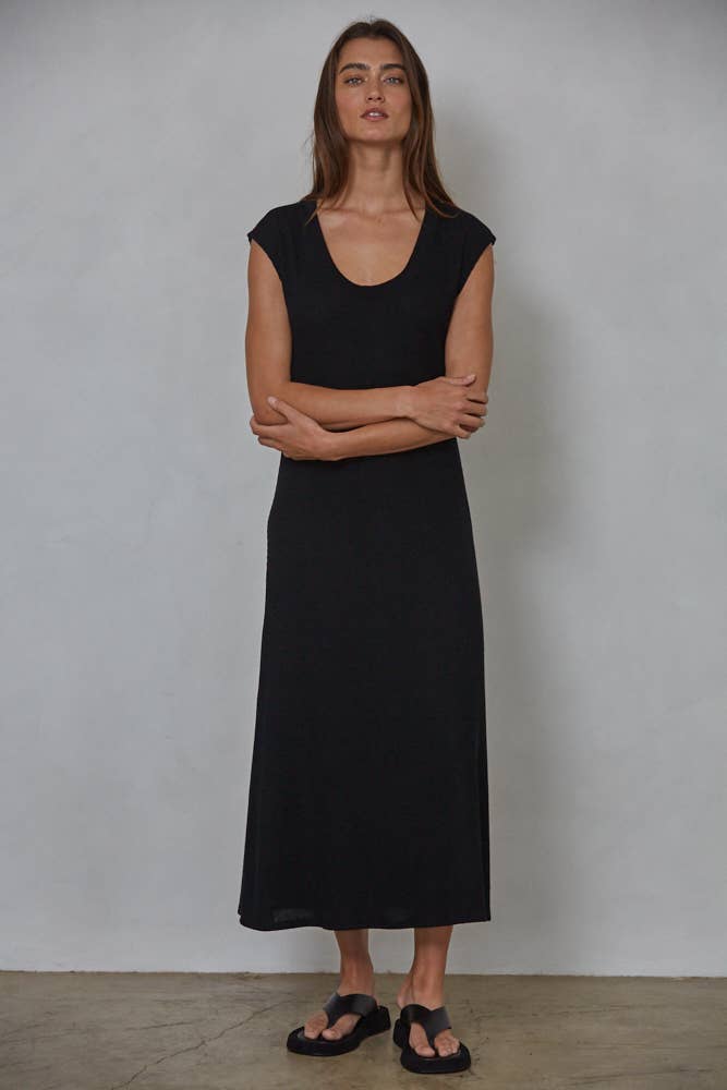 Black RJ3447 | Knit Cotton Rayon Spandex Ribbed Cap Sleeve Dress for wholesale on Faire1