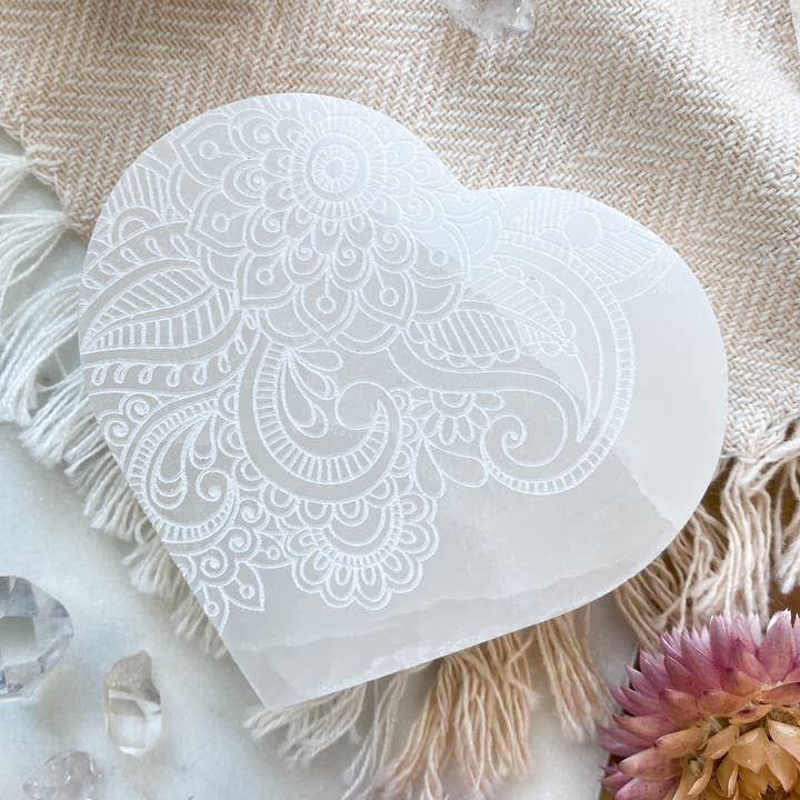 $7 Henna Heart Selenite Crystal Charging Plate Gifts Women for wholesale by Fractalista Designs