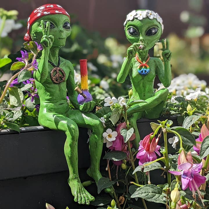 John Bernard & Company - Wholesale Decorative Figurine - “Hippie and Stoner” 10 Inch H Alien Shelf Sitter Statues