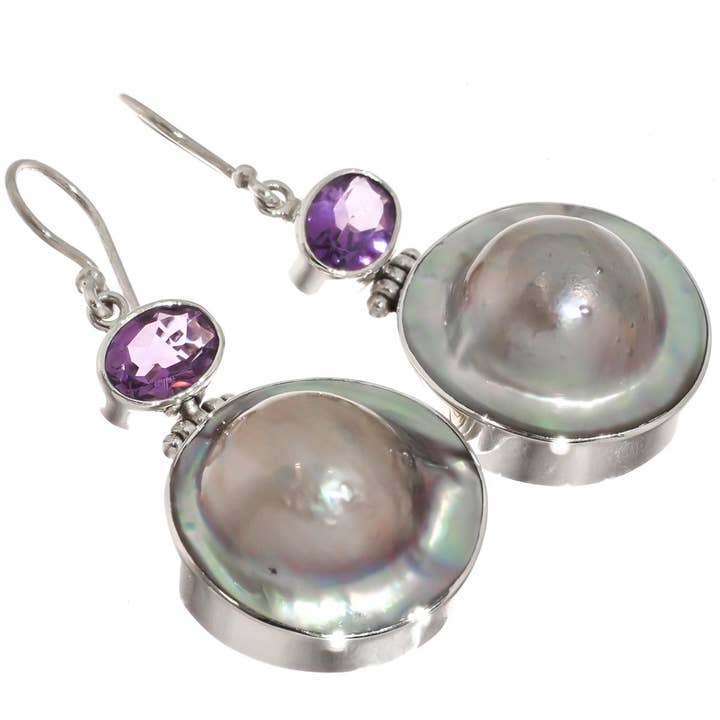 Boucles d'oreilles en argent 925 avec perles mabe de culture des mers du Sud et améthyste, 3,2 cm pour la vente par FifiRose