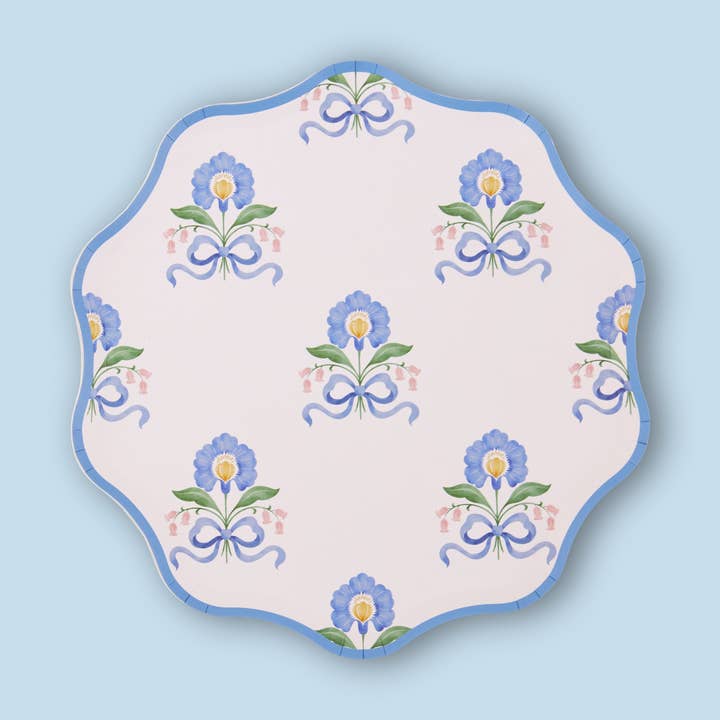 Blue White Floral Wavy Paper Plates – 8 in for wholesale by Joy Ladder LLC