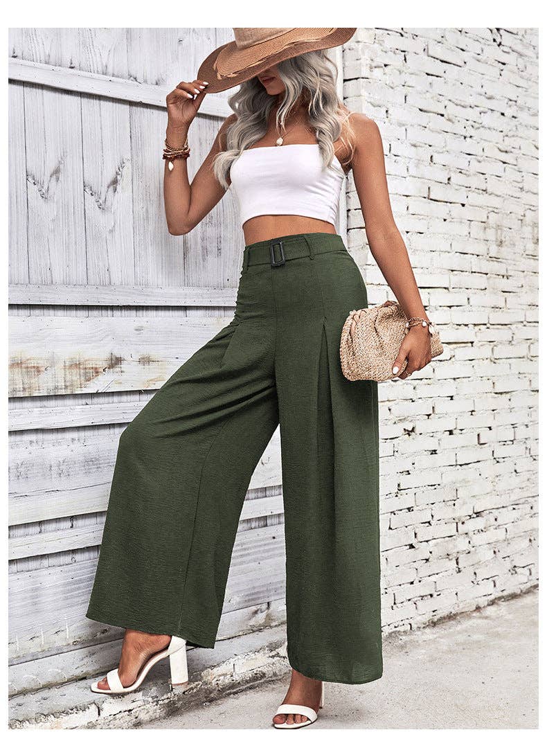 Lovesoft - Vente Pantalon – femme - Pantalon fluide uni à taille haute et jambes larges pour femmes1