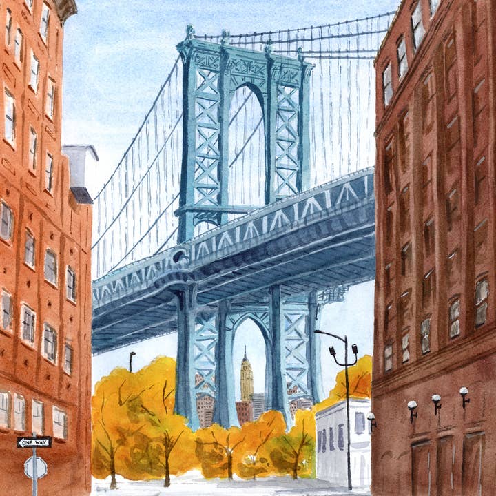 Pintalustika - Joyful Urban Illustrations - Wholesale Art Print - Manhattan Bridge View from Dumbo – NYC Watercolor Art Print6