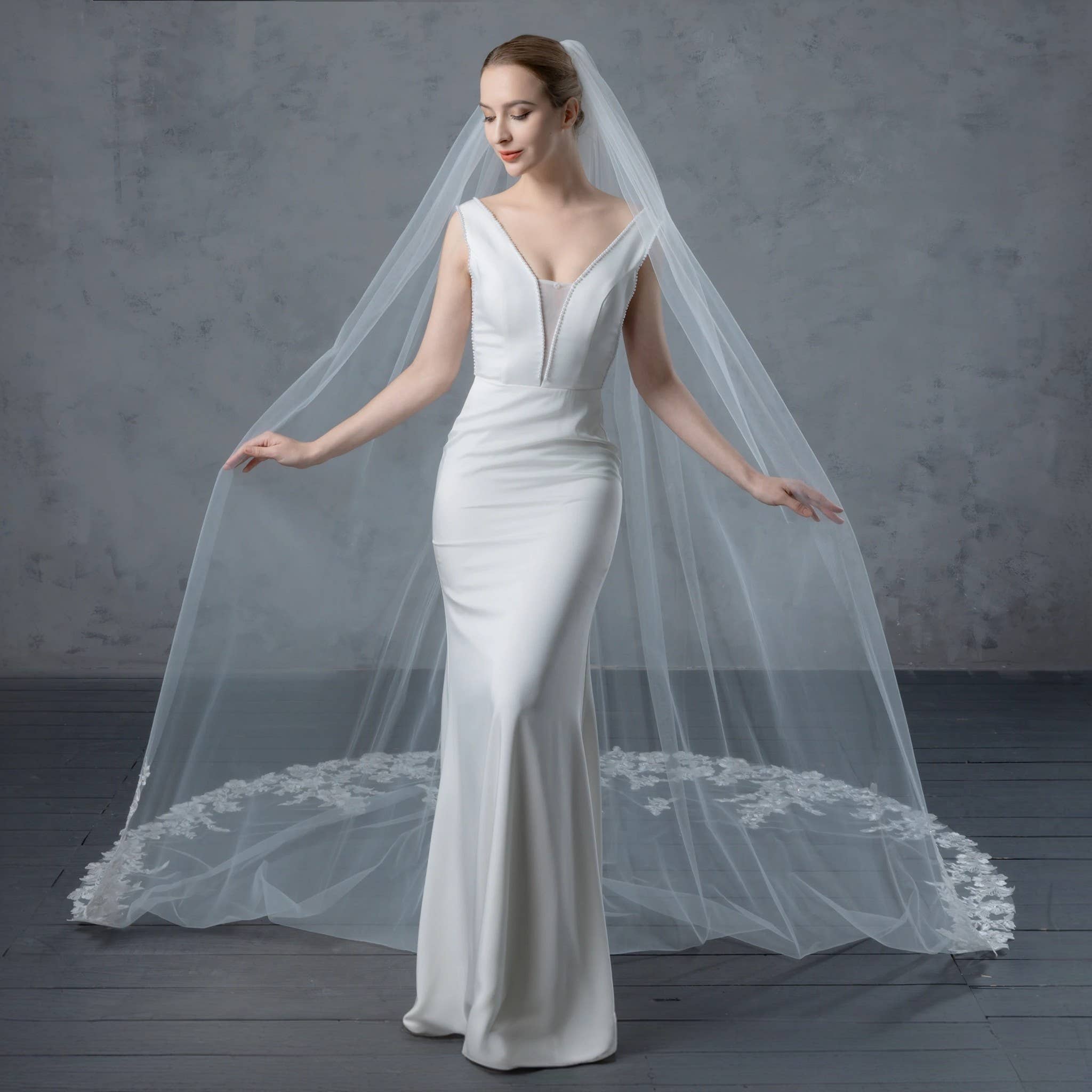 Farinosa Bridal – Véu - Mulher por atacado – Véu de noiva bordado em renda floral com strass, 3,05 m3