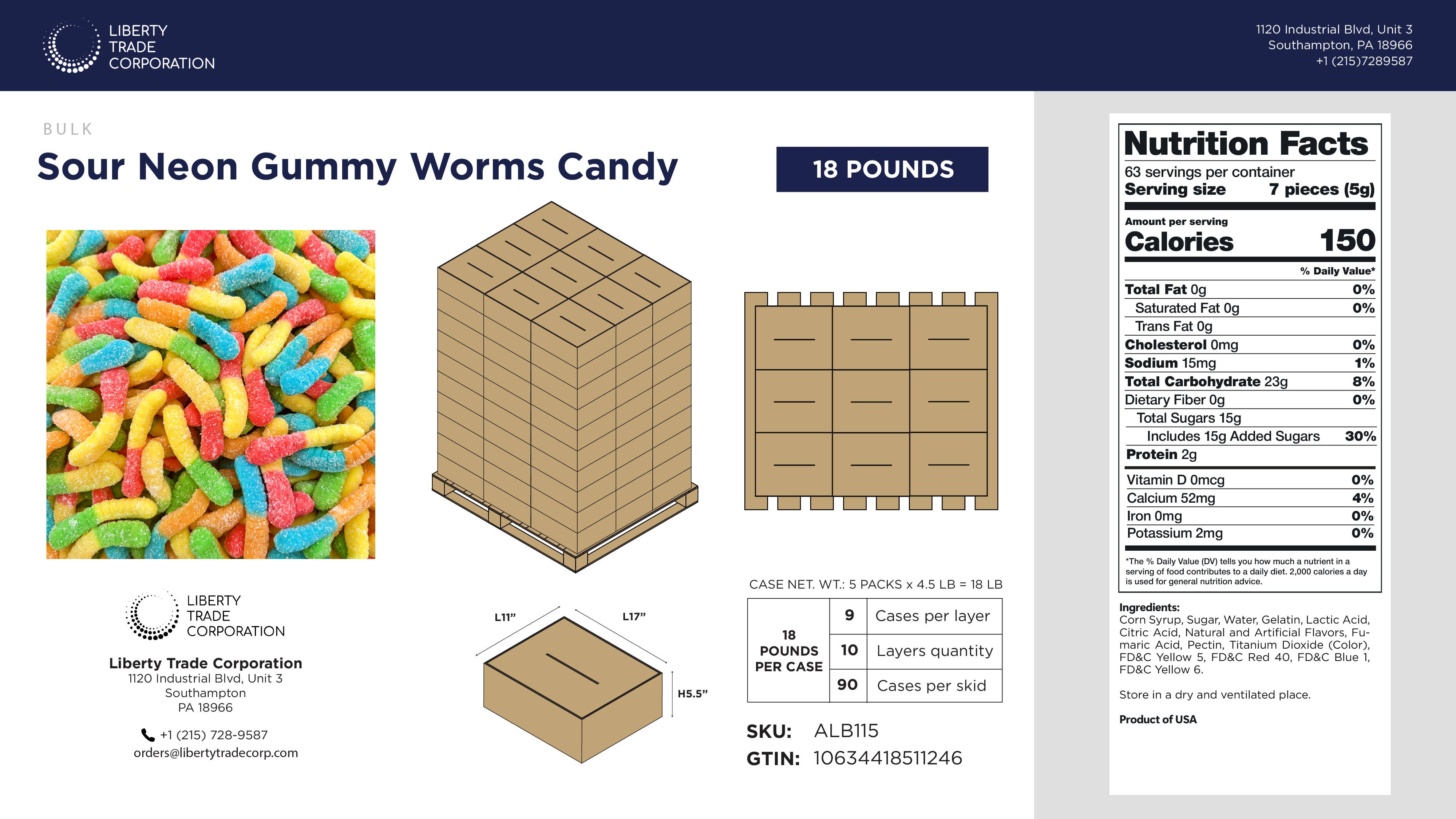 Liberty Trade Corp - Wholesale Gummy - Sour Neon Gummy Worms Candy | Bulk 18-Pound Case1