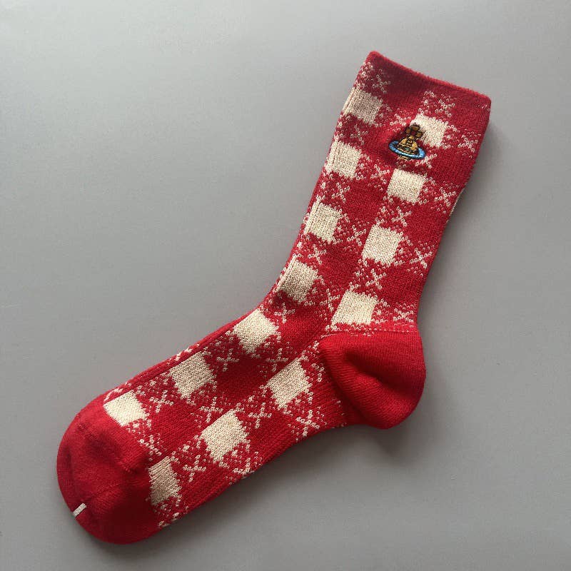Tourtiwi - Wholesale Socks - Women's - Red Snowflake & Geometric Patterns Christmas Crew Socks20