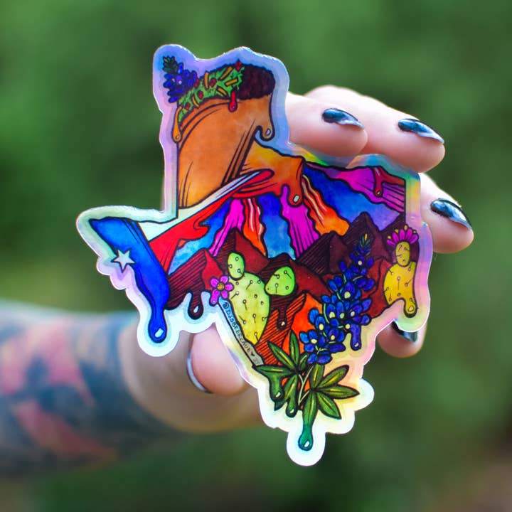 Texas Holografisk Sticker, 4x3.5in for engroshandel hos Catnip and Kittens