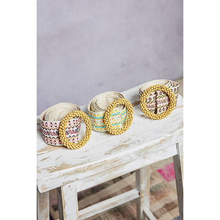 Pol Clothing - Wholesale Belt - Women's - Embroidered Boho Belt Round Gold Buckle2