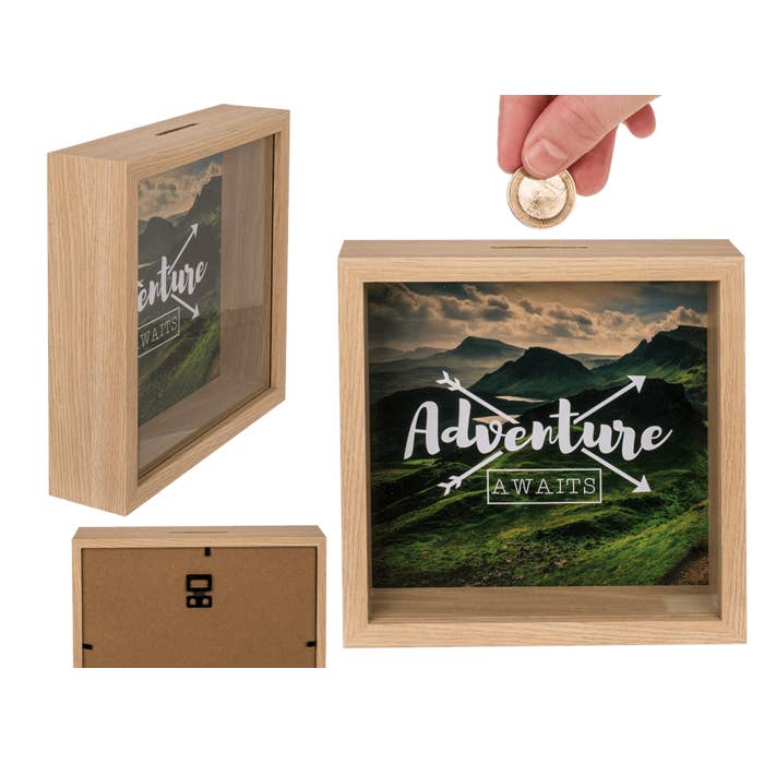Wooden saving box, Adventure awaits, for wholesale by Out of the blue KG