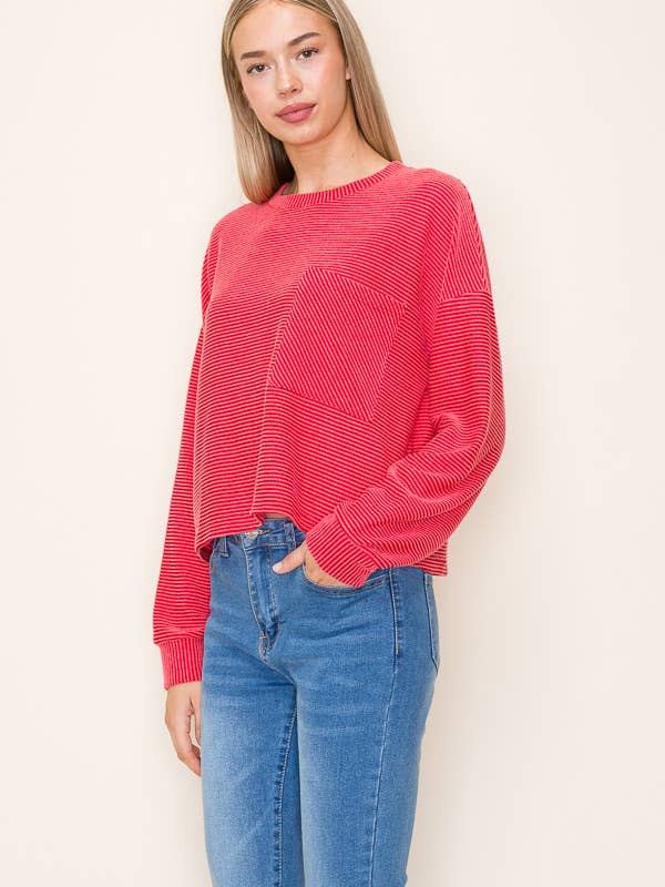 Tres Bien, Inc - Wholesale Knit Top - Women's - L/S RIBBED ROUND NECK TOP WITH POCKET