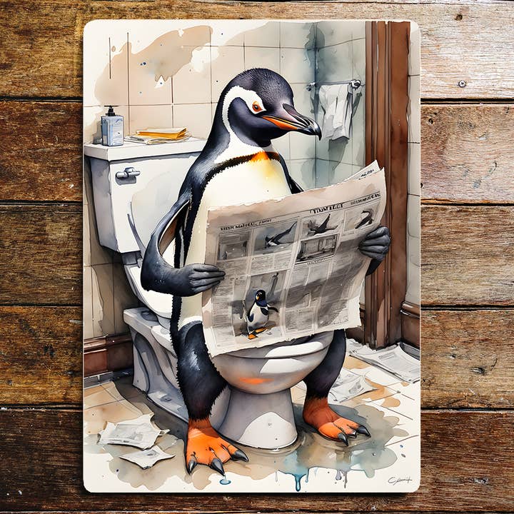 The British Metal Signs Company - Vente Pancarte - Panneau en métal pour salle de bain Penguin On the Toilet