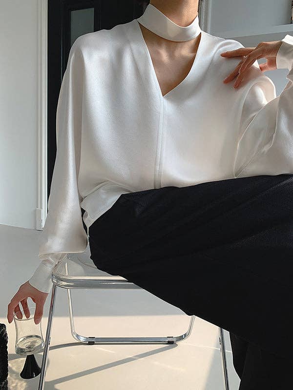 KK Bloom - Wholesale Blouse - Women's - Long Sleeves Loose Hollow Shiny Solid Color V-Neck Blouses&Shirts Tops3