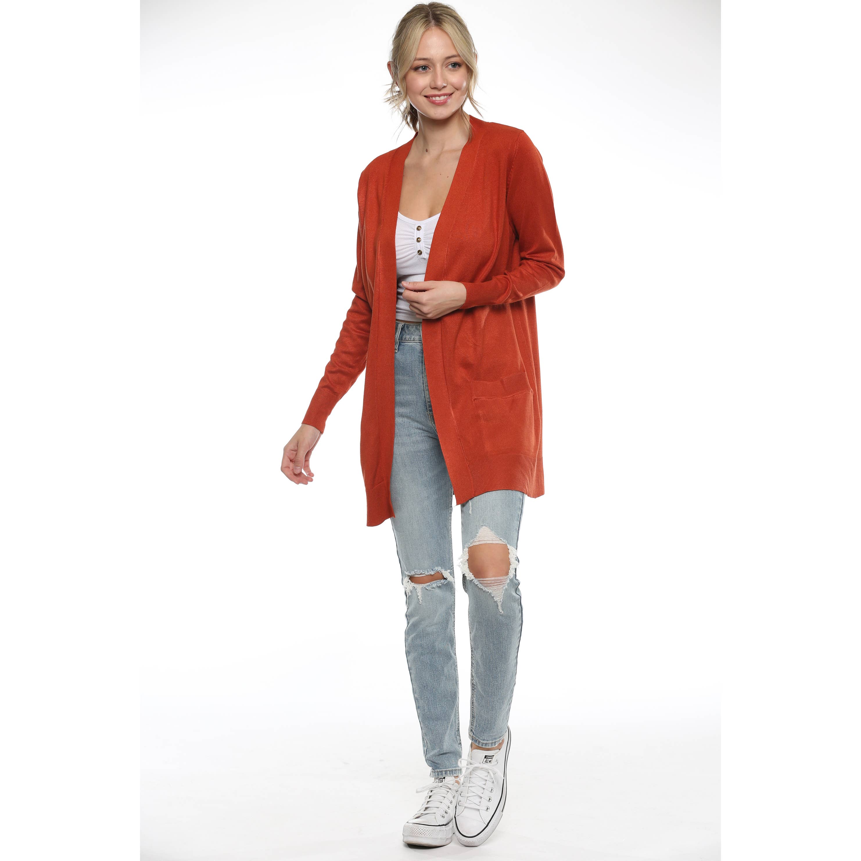 Urban Look - Wholesale Cardigan - Women's - Premium Lightweight Open Front Pocket Cardigan Rust5