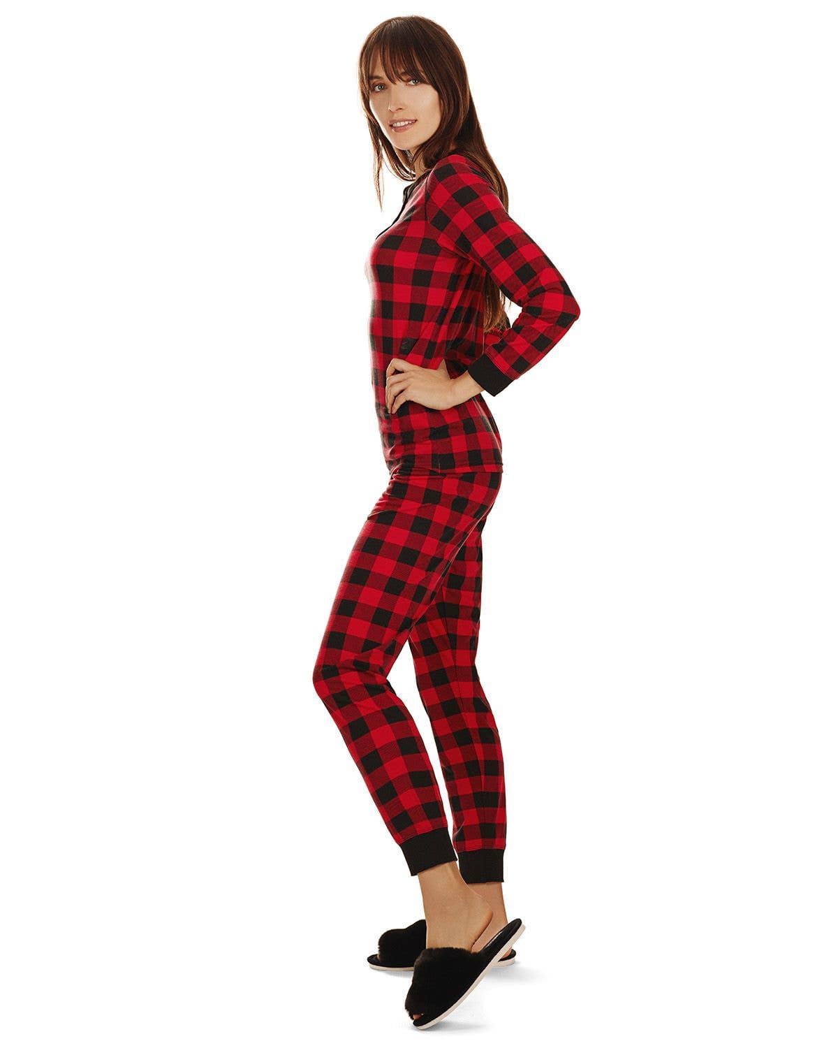 Black Red Buffalo Plaid Long Sleeve Tapered Bottom 2 Piece Pajama Set for wholesale on Faire0