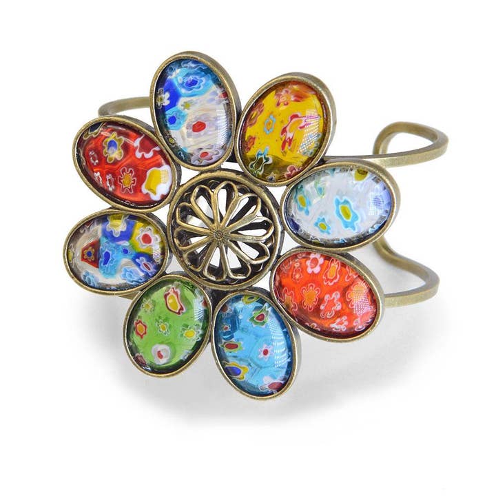Millefiori Glass Candy Flower Cuff Bracelet BR524 for wholesale by Sweet Romance Jewelry