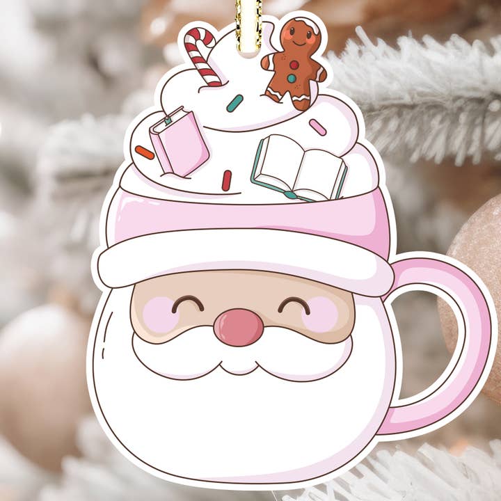 Bookish Christmas Ornament, Santa Hot Cocoa Book Merch for wholesale by Momenti di Vita