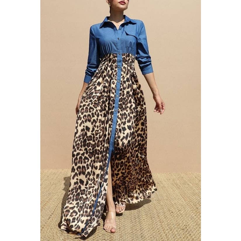 LEOPARDO Vestido maxi com parte superior em denim e saia com estampa de leopardo para venda a revendedores na Faire2