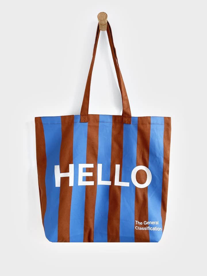 Hello Goodbye Tote Bag Blue Brown Stripe for wholesale by The General Classification