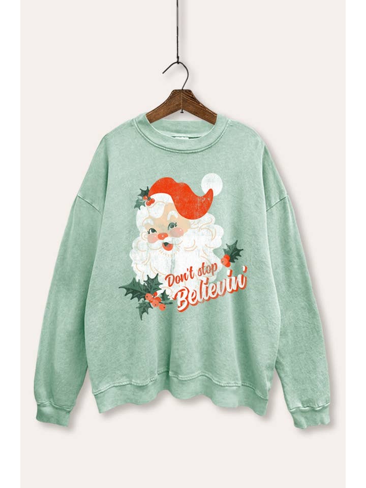 DON'T STOP BELIEVING SANTA SWEATSHIRT IN WASHED MINT for wholesale by PINK NABI