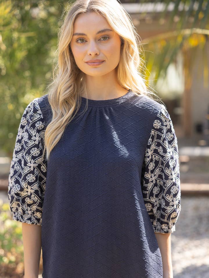 VOY - Wholesale Blouse - Women's - 35237 Floral Embroidered Sleeve Textured Knit Top