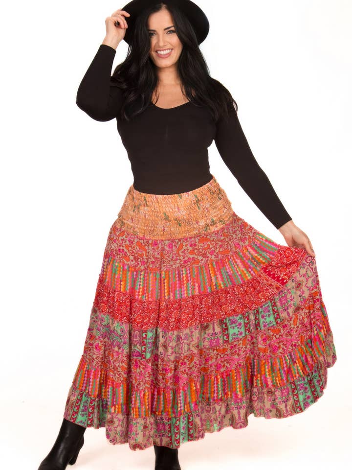 LONG SILK TIERED PEASANT SKIRT for wholesale by Ombak Designs