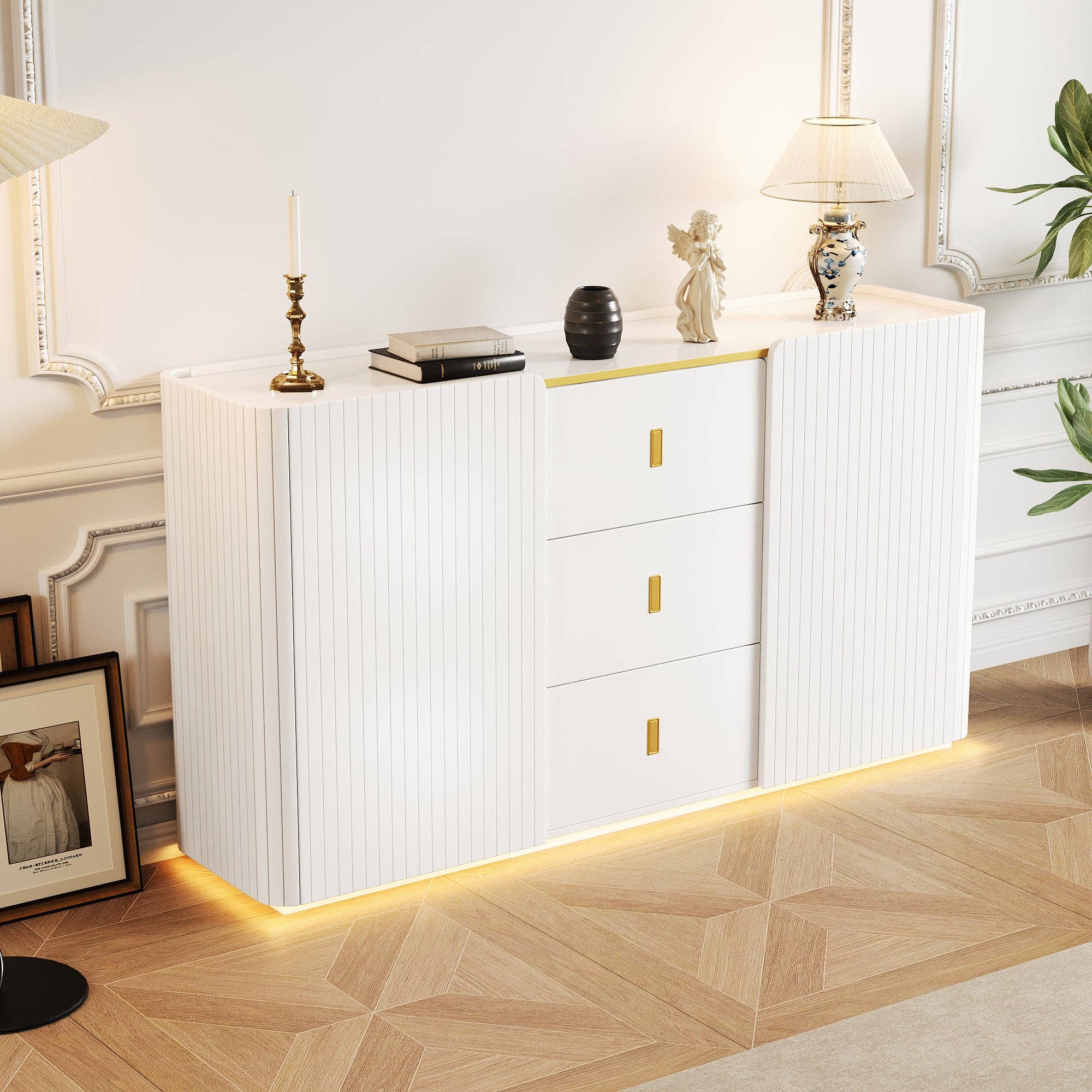 Urban Meuble – Aparador por atacado – Buffet branco elegante 2 portas, 2 gavetas com iluminação LED 150*35*80cm KRAUDREL4