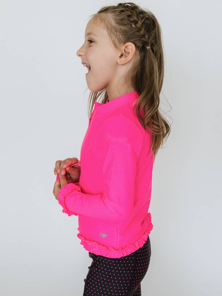 Pink Girls Neon Magenta Active Full Zip Ruffle Jacket for wholesale on Faire2