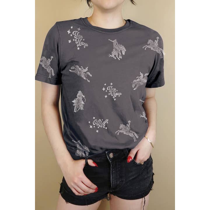 YEE HAW COWBOY ALLOVER HAND STAMPED GRAPHIC TSHIRT for wholesale by The Beautyfull Box