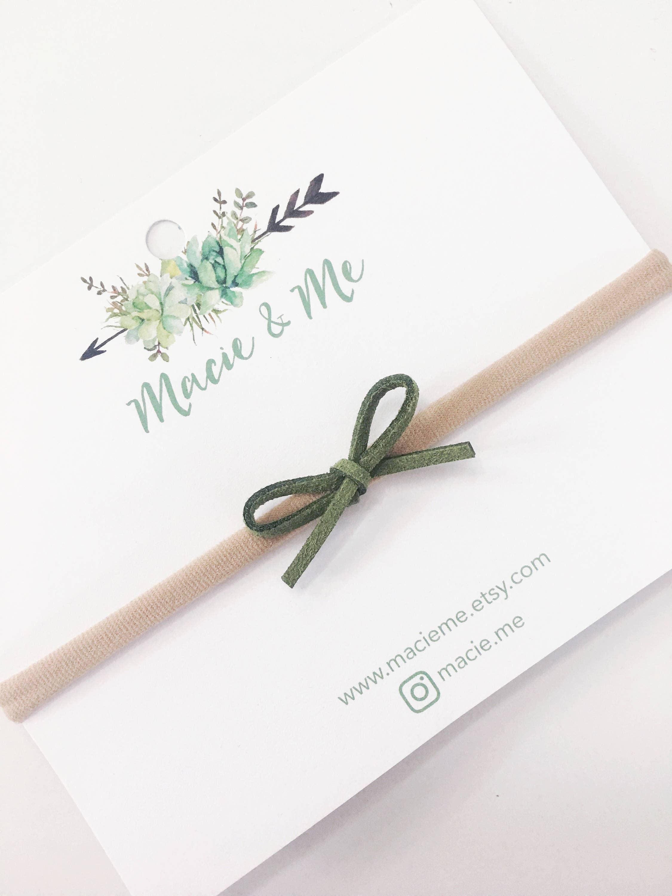 Macie & Me - Wholesale Fashion Headband - Baby - Sage Green Suede Hand Tied Bow / Suede Cord / Nylon Headband0