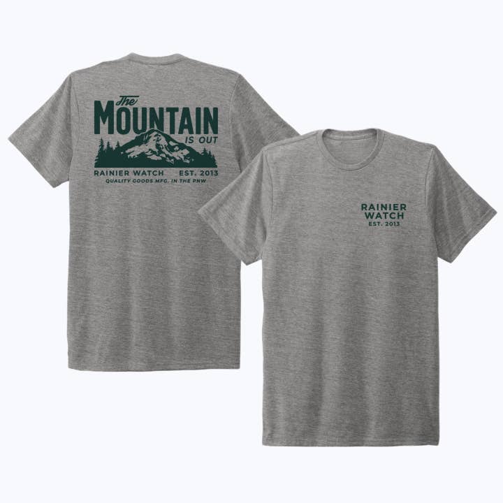 The Mountain Is Out Unisex Eco Tee - Double Sided Print - Heather Gray for wholesale by Rainier Watch Supply Co