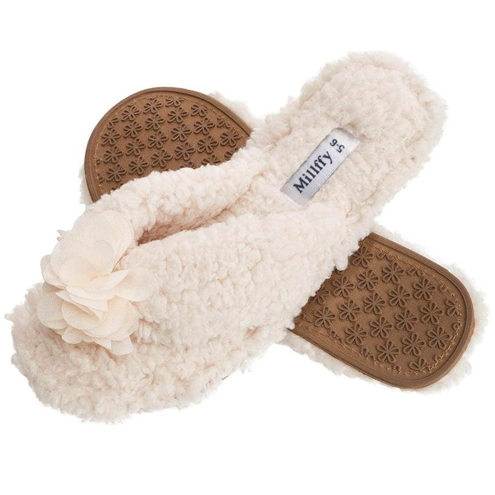 Millffy – wholesale Slippers – Women's – Plush Cozy Faux Shearling Thong Slide On Sherpa Womens Flip-Flops Slippers with Flowers4