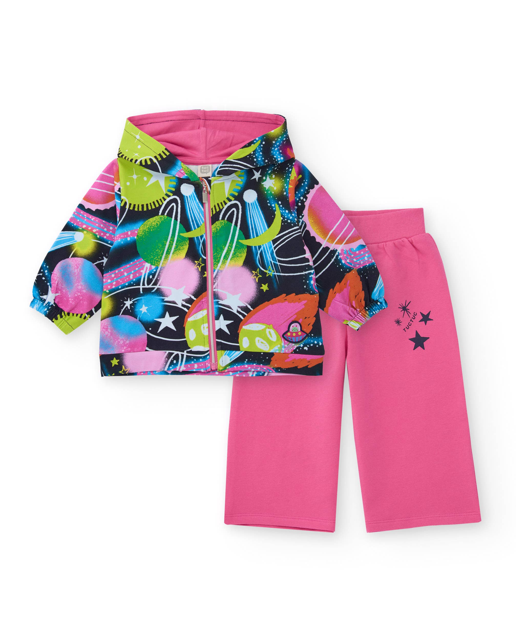 tuc tuc - Wholesale Lounge Set - Kids - Girl's set with space sweatshirt and pink pants0