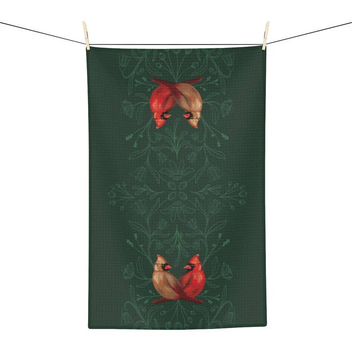 Evergreen Christmas Cardinals Kitchen Tea Towel for wholesale by Joymark Studio
