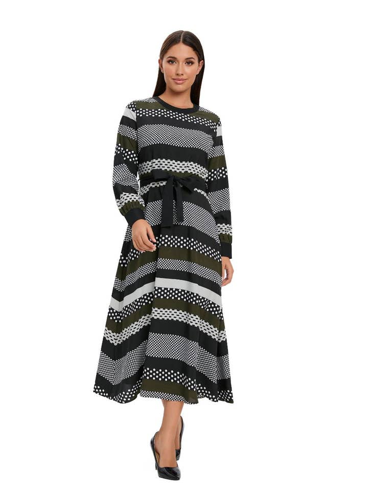 Gestreepte midi-jurk met lange mouwen en manchetten voor wholesale door Miss Finch NYC