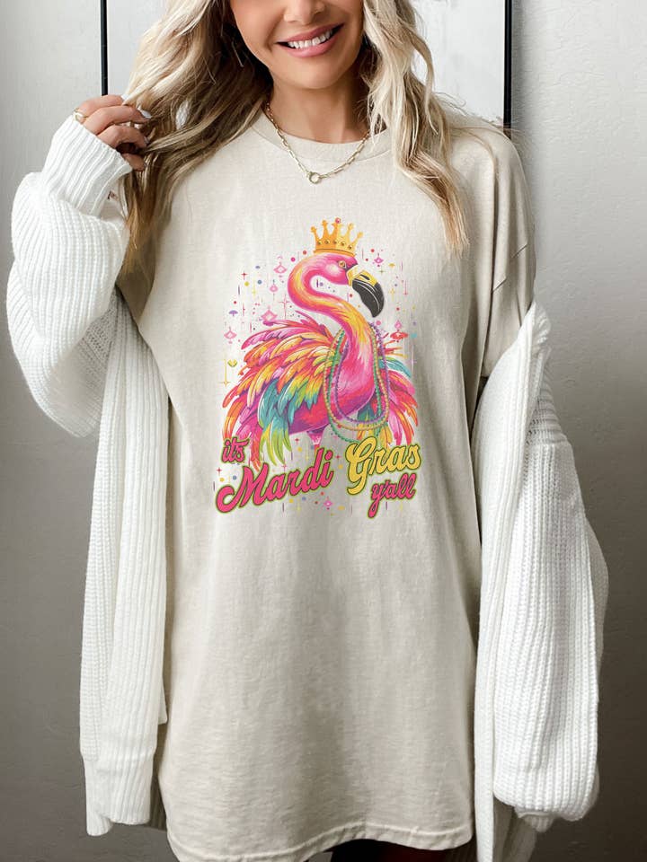 SONDO DESIGN LTD – wholesale Tunic – Women’s – Mardi Gras Flamingo Shirt, It's Mardi Gras Y’all Tshirt