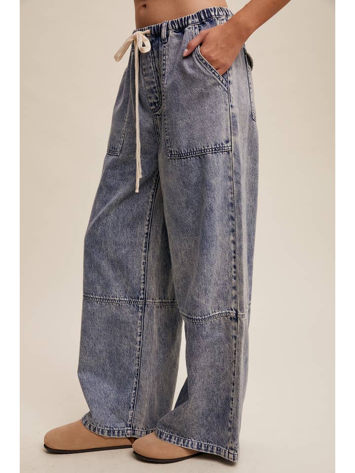 Listicle – Engroshandel Jeans - Dame – Vidbenede denimbukser med snøre i taljen2