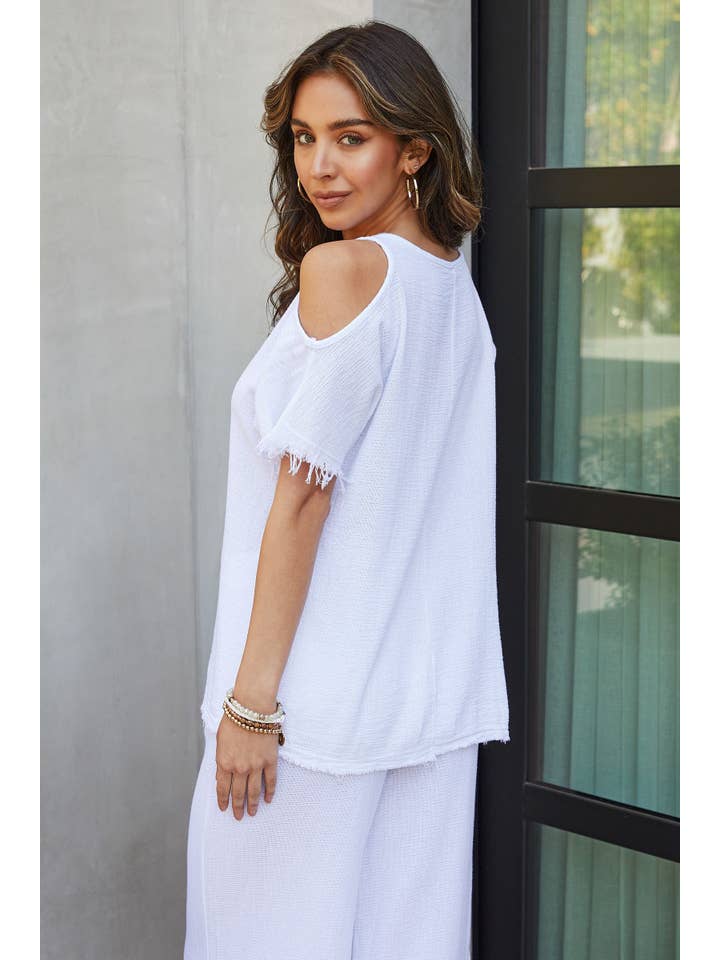 VENTI6 – Blusa - Mulher por atacado – TOP DE GAZE DE ALGODÃO E LINHO COM BAINHA FRANJADA (701400)2