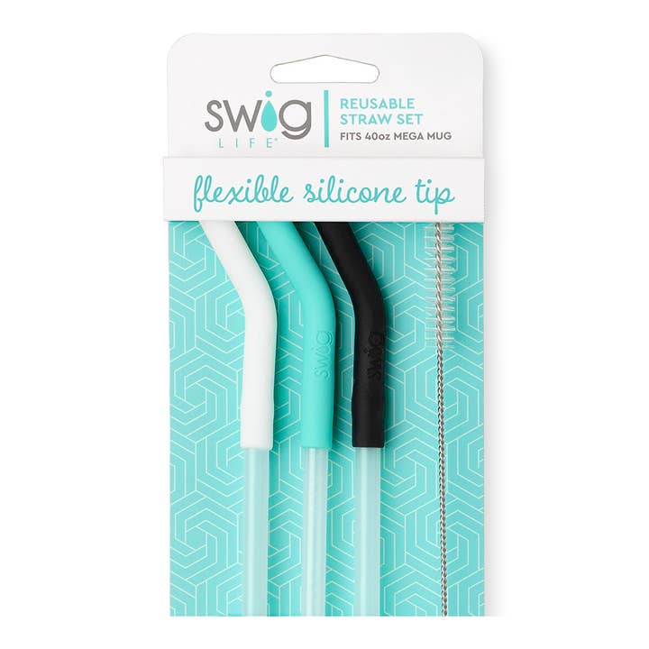 Swig Life - Wholesale Drinking Straw - White/Aqua/Black Reusable Straw Set (Mega Mugs)