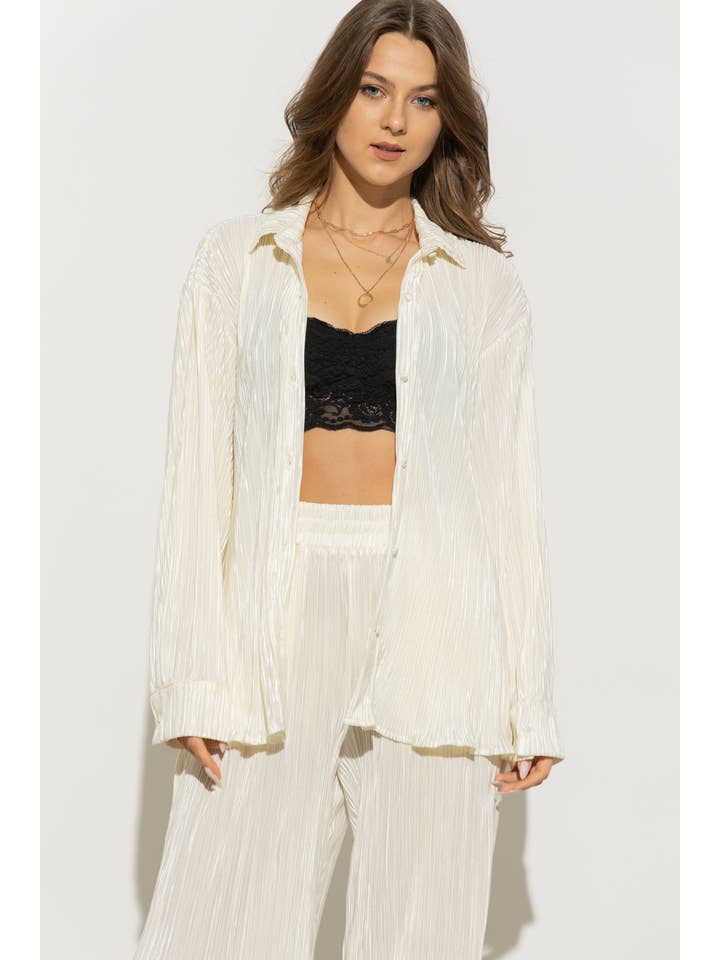 Blue B - Wholesale Lounge Set - Women's - 32108SET - Accordion Pleat Button Blouse Pant Lounge Set