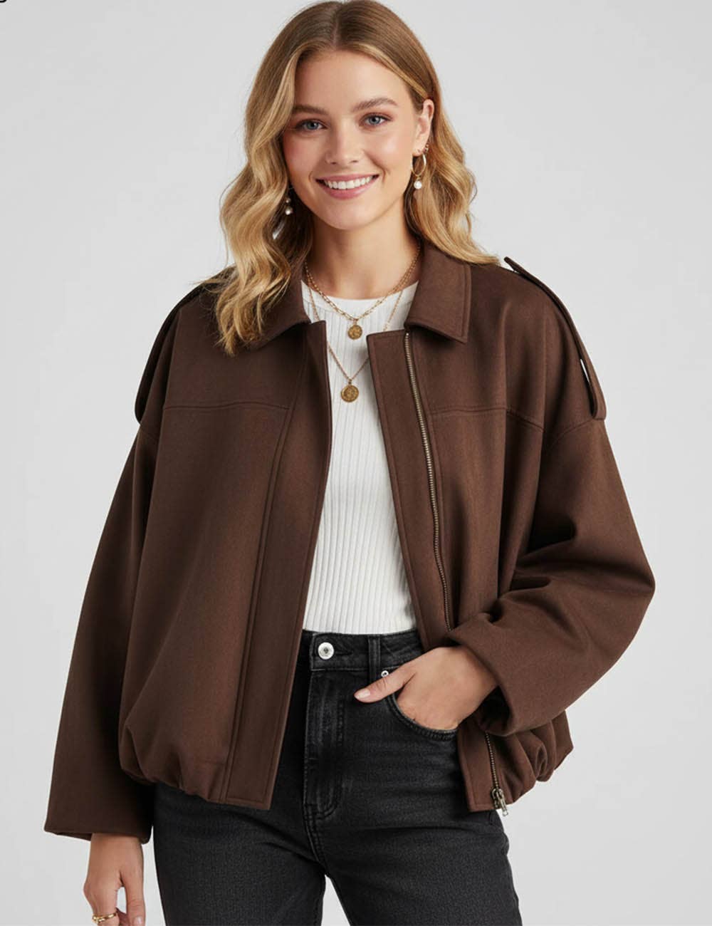 Sweetkama - Wholesale Bomber Jacket - Women's - Ladies Faux Suede Bomber Jacket Shirt Collar Zip-Up Coat22