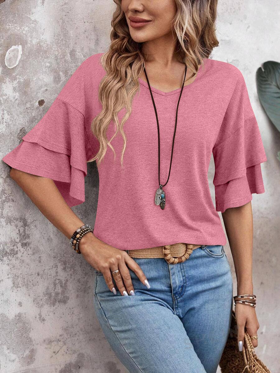 Suhkasana - Wholesale Blouse - Women's - Women's V-Neck Flutter Sleeve Top – Casual Summer T-Shirt16