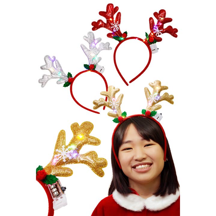 Cap Zone - Wholesale Fashion Headband - Women's - Rudolph Antler Glitter LED Light-Up Hairband0
