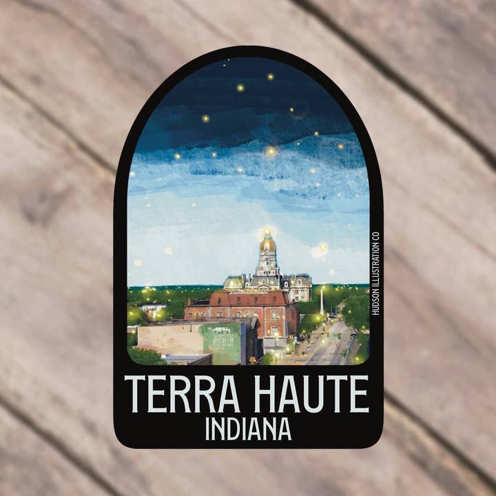 Autocollant/aimant/imprimé/carte postale Terra Haute Indiana pour la vente par Hudson Illustration Co - About Town Co