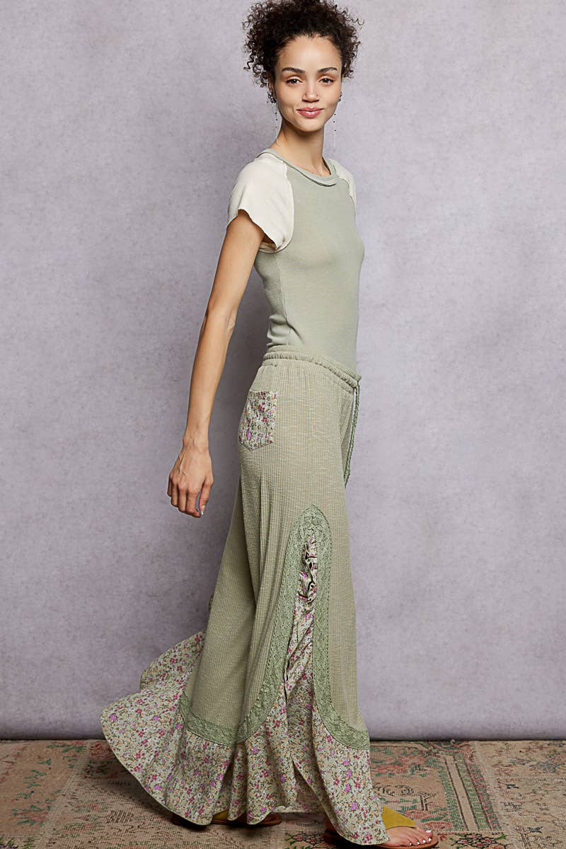 Pol Clothing - Wholesale Pants - Women's - Floral Pattern Ruffle Detail Ribbed Knit Pants19