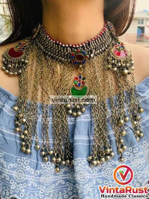 Big Bells Kuchi Necklace, Silver Gypsy Nomadic Choker for wholesale by vintarust