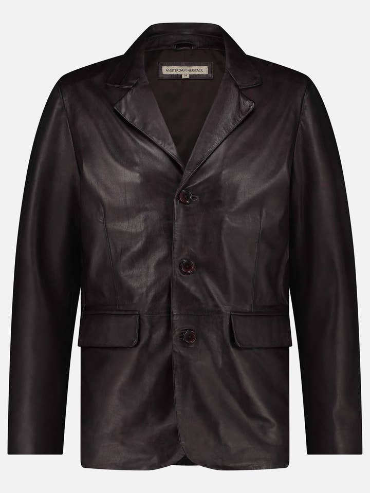 Crane | Blazer en cuir noir et marron pour homme avec poches pour la vente par Amsterdam Heritage Leather Belts, Bags, Jackets & Apparel