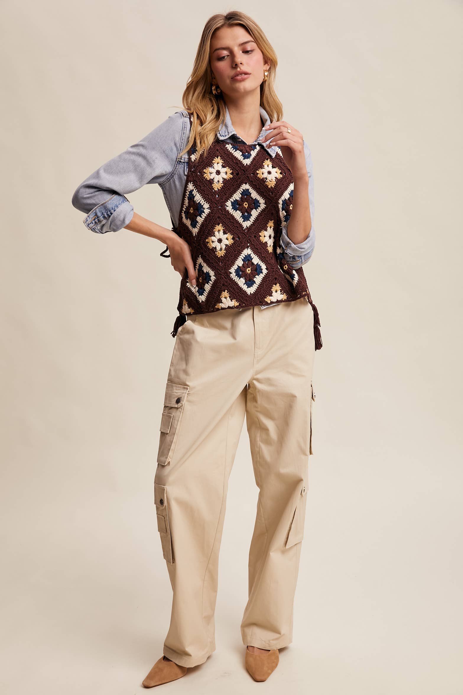 Listicle - Wholesale Sweater Vest - Women's - Crochet Granny Square Tassel Tie Vest LSW10069